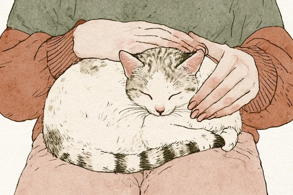 Gato descansando en el regazo de una persona, beneficios de pasar tiempo con gatos