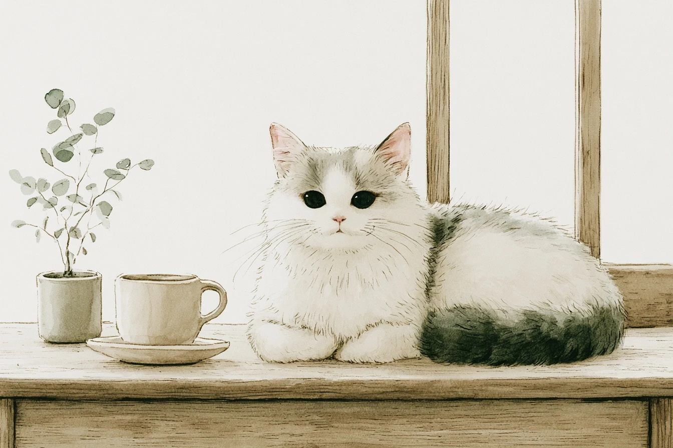 Ilustración de un gato en un cat café en Bilbao con una taza de café y una planta