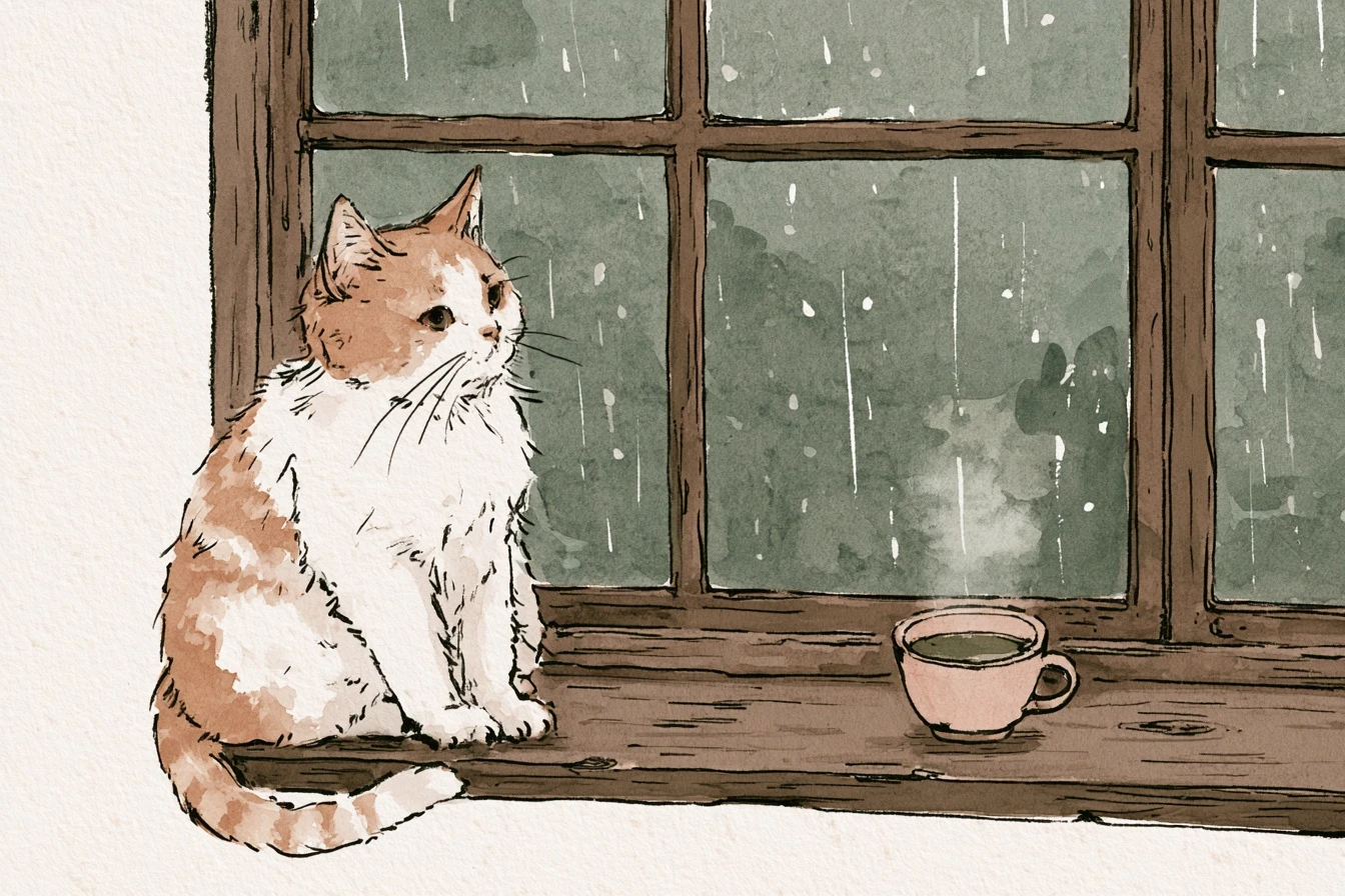 Gato mirando la lluvia por la ventana con un té caliente, plan para días de lluvia en Bilbao